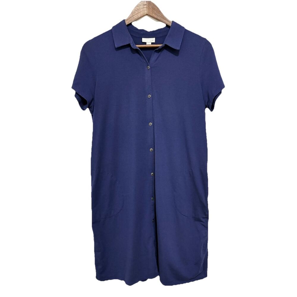 J Jill Wearever Knit Shirt Dress Blue Button Front Pockets Medium